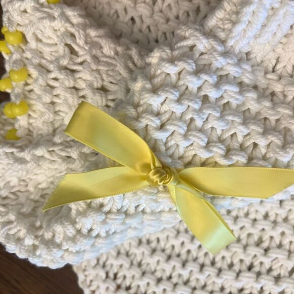 Hand knit Beautiful white and yellow ribbon beaded sweater. Women’s size Medium. - Picture 4 of 8